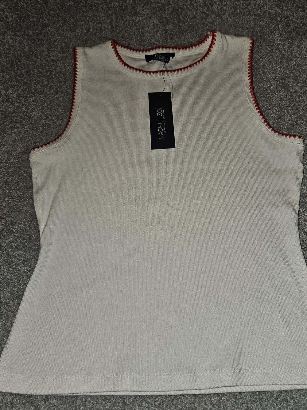Rachel Zoe White Sleeveless Rib Knit Tank with Red Trim